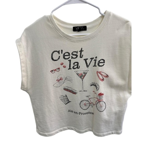 Vinyl Icon Tops - Vinyl Icons Sweatshirt Womens  Large French "That's Life" Cropped Cap Sleeve‎
